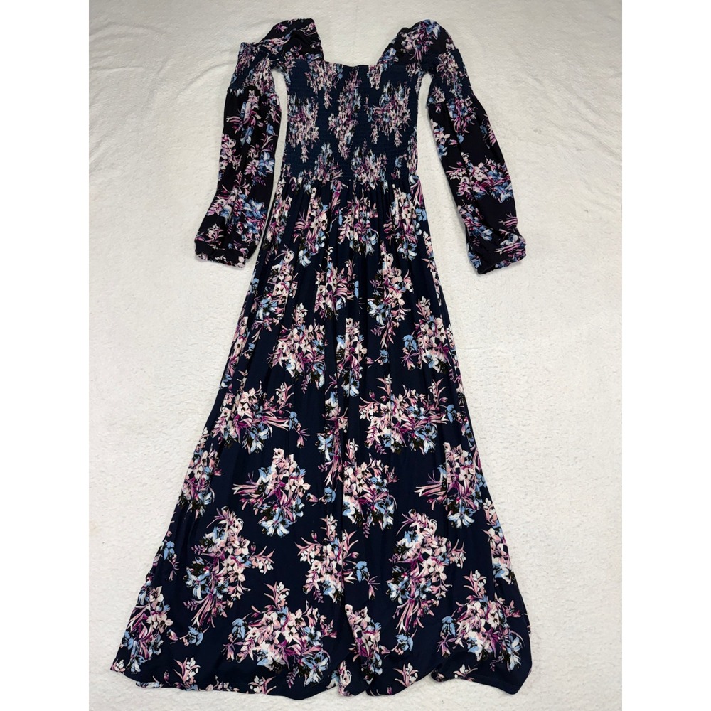 Navy Floral Smocked Bodice Long Sleeve Maxi Dress Square Neck Boho